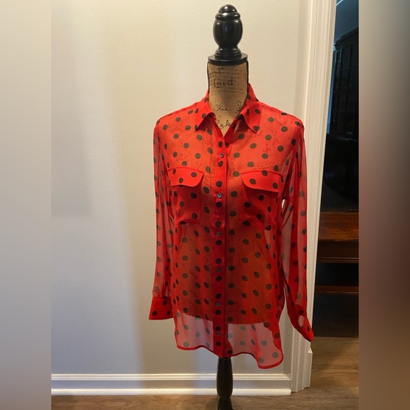 Red black polka dot sheer size small Equipment shirt. NWOT - Picture 1 of 6